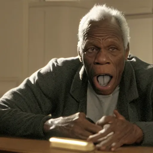 Prompt: film still of danny glover yelling at a computet