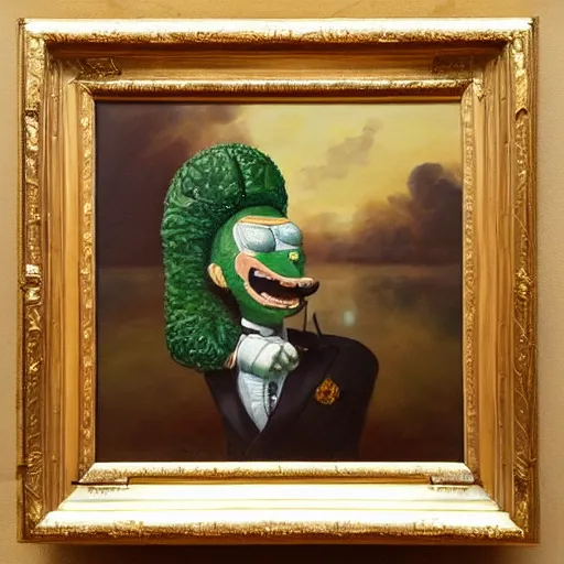 Image similar to a majestic oil painting of pickle rick, hanging in the louvre, incredible detail