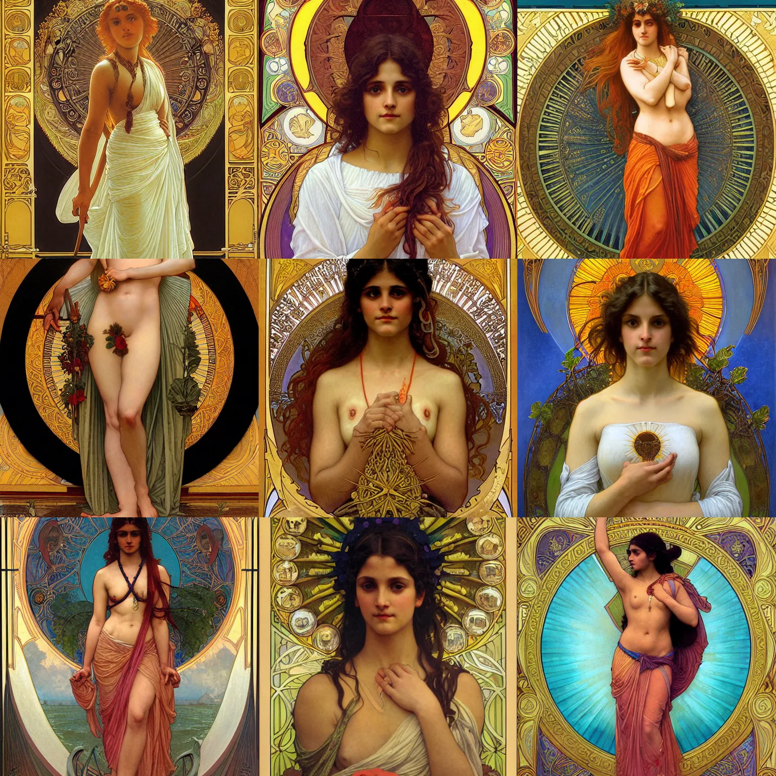 Prompt: detailed portrait art nouveau painting of the goddess of the sun, backlit, who resembles Maitreyi Ramakrishnan with anxious, piercing eyes, by Alphonse Mucha, Michael Whelan, William Adolphe Bouguereau, John Williams Waterhouse, and Donato Giancola