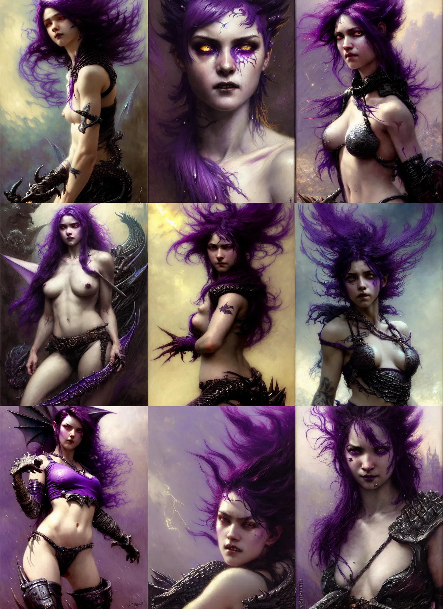 Prompt: mischievous rugged girl, short purple black fade hair, dragon scales, staring happy and seductivelly, fully clothed, detailed, by gaston bussiere, bayard wu, greg rutkowski, giger, maxim verehin, greg rutkowski, masterpiece, sharp focus, cinematic lightning