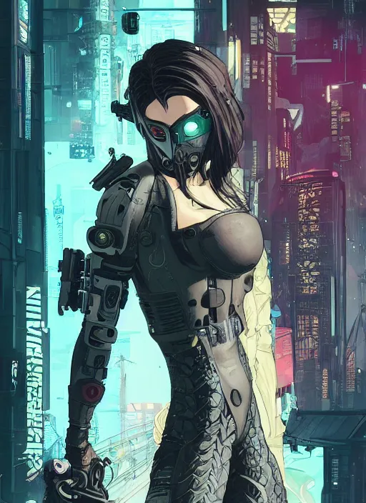 Prompt: cyberpunk ninja babe. portrait by ashley wood and alphonse mucha and laurie greasley and josan gonzalez and james gurney. splinter cell, apex legends, rb 6 s, hl 2, d & d, cyberpunk 2 0 7 7. realistic face. character clothing. vivid color. dystopian setting.