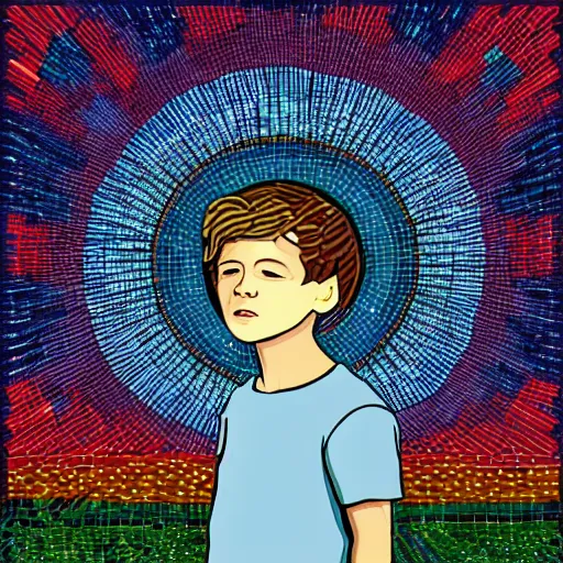 Image similar to a boy in a field with a sky background, a mosaic of screens by jeffrey smith, behance contest winner, generative art, circuitry, fractalism, behance hd