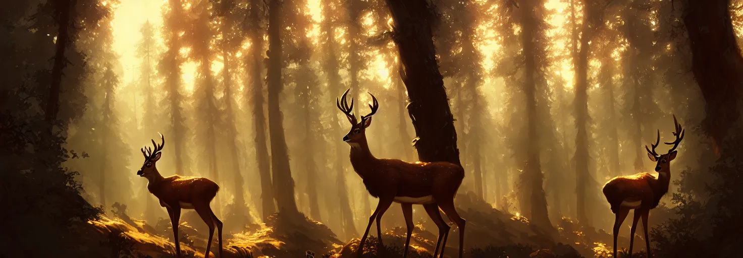 Image similar to Deer in Sherwood Forest, full frame, highly detailed, digital painting, artstation, concept art, smooth, sharp focus, illustration, art greg rutkowski and alphonse mucha