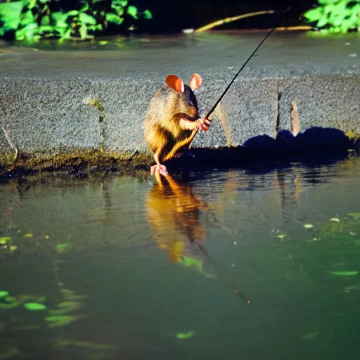 Prompt: 35mm photo of a rat fishing at a riverbank, water, well lit, bright and fun colors