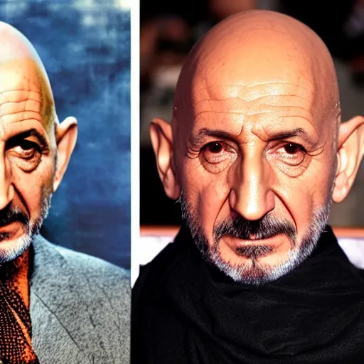 Prompt: ben kingsley's head has the form of an ice cream ball. it is on top of an ice cream cone. colorful ink