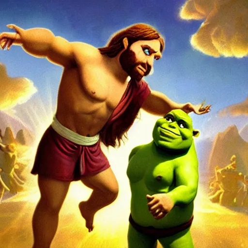 Image similar to Jesus Christ battling shrek in heaven