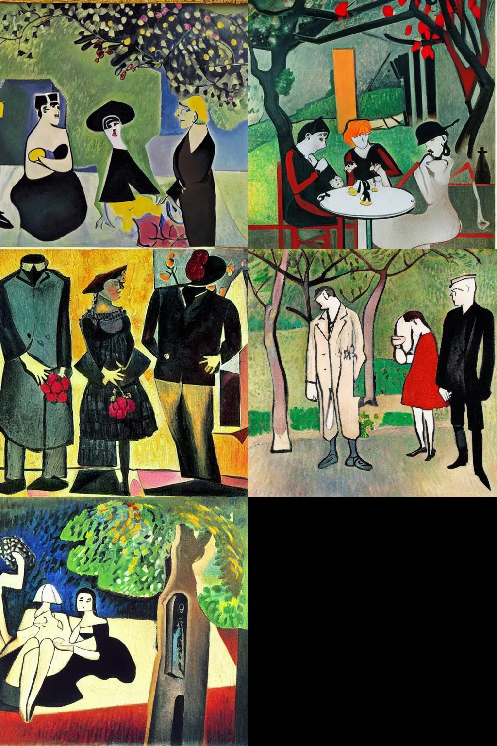 Prompt: an hd painting by georges braque. three goths loitering in the shade, talking beneath a cherry tree outside a blockbuster video store.