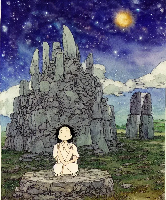Prompt: a hyperrealist studio ghibli watercolor fantasy concept art. in the foreground is a giant long haired grey witch in lotus position sitting on top of stonehenge with a starry sky in the background. by rebecca guay, michael kaluta, charles vess