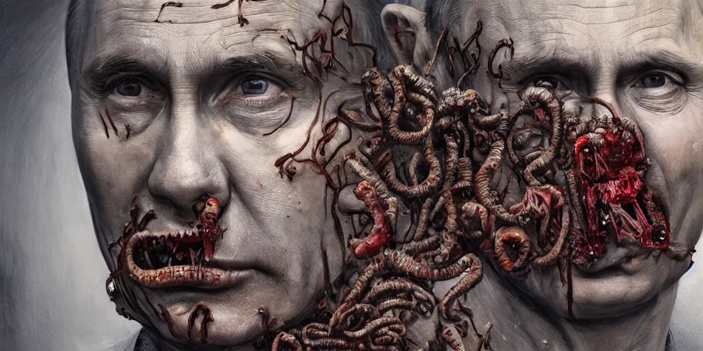 Image similar to highly detailed surreal portrait of vladimir putin's face is eaten by worms, in the background an army of zombies with their mouths sewn shut with wire in the shape of the letter z, style of greg rutkowski and ralph horsley, photorealistic, hyperdetailed, matt painting, digital art, non blurry, sharp, artstation, concept art, smooth, illustration