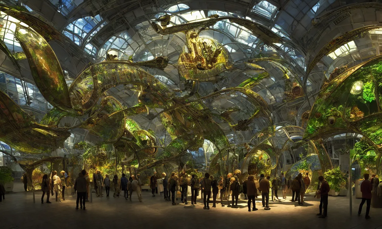 Prompt: exhibition hall of a solarpunk museum of renaissance full of glass showcases with incredibly detailed dioramas of aliens and spaceships, fused into epoxide, high detail, raytracing, back light, raymarching, new movie from digital domain and weta digital