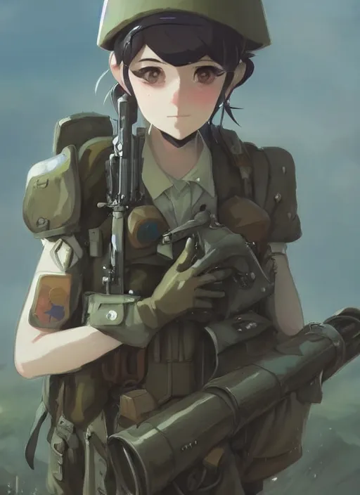 Image similar to portrait of cute soldier girl, cloudy sky background lush landscape illustration concept art anime key visual trending pixiv fanbox by wlop and greg rutkowski and makoto shinkai and studio ghibli and kyoto animation soldier clothing military gear realistic anatomy mechanized modern warfare hands