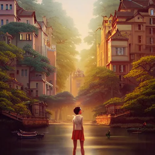 Image similar to a beautiful scenic painting by artgerm and wlop and wes anderson and spike jonze