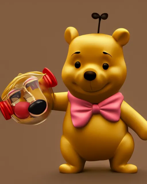 Prompt: full body 3d render of winnie-the-pooh as a funko pop, wearing a suit, studio lighting, white background, blender, trending on artstation, 8k, highly detailed