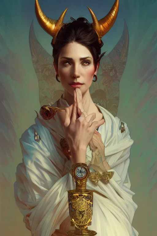 Image similar to painting of a devil, decorated, intricate, elegant, highly detailed, digital painting, artstation, concept art, smooth, sharp focus, illustration, art by artgerm and greg rutkowski and alphonse mucha, 8 k