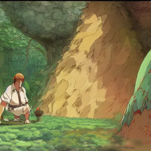 Image similar to a realistic cell - shaded studio ghibli concept art from paprika ( 2 0 0 6 ) of a giant caveman. very dull colors, wide shot, hd, 4 k, hq