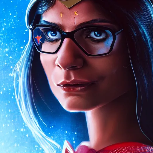 Image similar to a close up face of Mia Khalifa as Supergirl by Greg Rutkowski, Sung Choi, Mitchell Mohrhauser, Maciej Kuciara, Johnson Ting, Maxim Verehin, Peter Konig, Zack Snyder, 8k photorealistic, cinematic lighting, HD, high details, dramatic, trending on artstation,