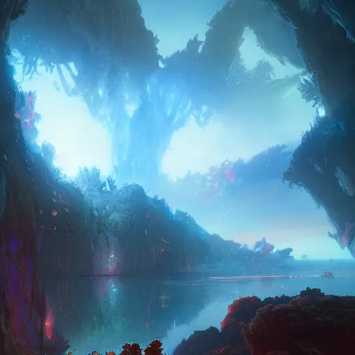 Image similar to luscious fibrous world made of mystical magical energy colorized as blue, red, and purple, illustrated by Greg Rutkowski and Gaston Bussiere, loquacious lighting, volumetric lighting, beautiful photography, landscape imagery, Trending on artstation, 4k, 8k.