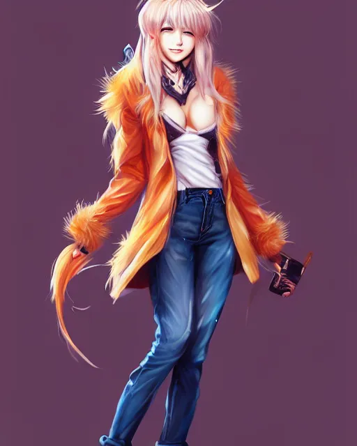 Image similar to fullbody portrait of anthropomorphic half - tiger fluffy cute anime woman in jeans coat, concept art, anime art, by a - 1 picture, trending on artstation artgerm, ross tran, wlop, marc davis