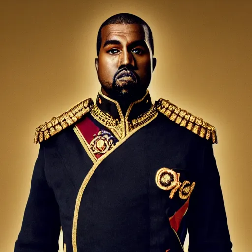 Image similar to Portrait of Kanye West dressed as emperor napoleon, splash art, cinematic lighting, dramatic, octane render, long lens, shallow depth of field, bokeh, anamorphic lens flare, 8k, hyper detailed, 35mm film grain