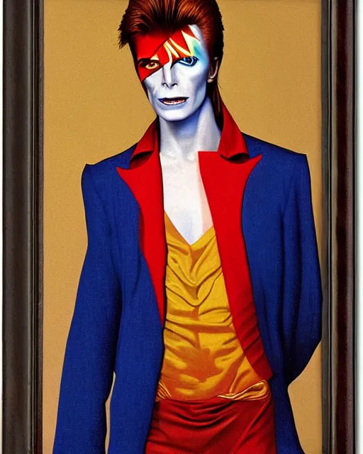Prompt: david bowie as a ziggy stardust by jean auguste dominique ingres by thomas blackshear