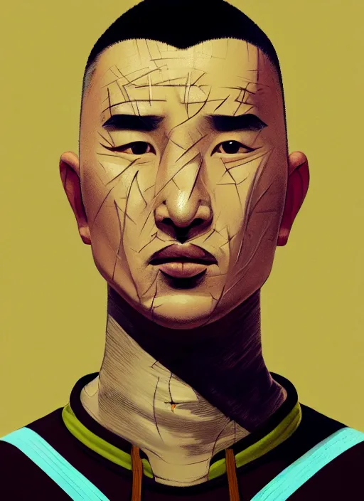 Prompt: retrofuturistic portrait of a uyghur prisoner in a tracksuit that's dirty and ripped, close up, wlop, jia zhangke, dan mumford, artgerm, liam brazier, peter mohrbacher, 8 k, raw, featured in artstation, octane render, cinematic, elegant, intricate, 8 k