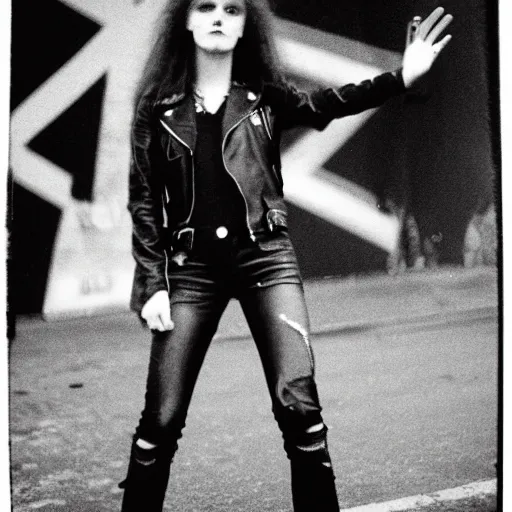 Prompt: 19-year-old girl wearing black leather jacket and denim jeans, New Wave of British Heavy Metal, 1983, Polaroid, crowd of longhairs, British flag, concert