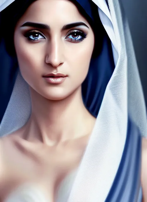Image similar to arab ameera al taweel, blue eyes, black hair, white veil, in the style of stefan kostic, realistic, sharp focus, 8k high definition, insanely detailed, intricate, elegant, art by stanley lau and artgerm