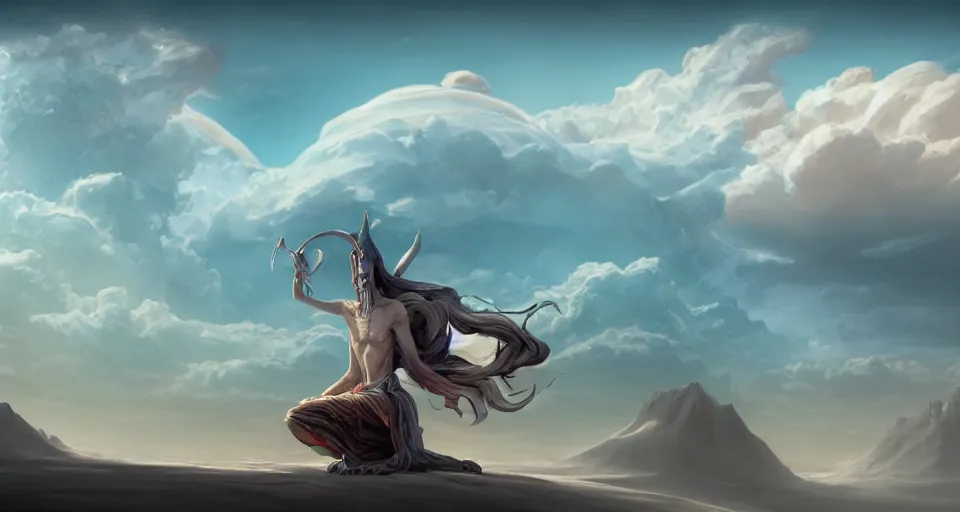 Prompt: a lonely necromancer kneeling on the sand of a mercyless desert, flickering air, hot sun from above, clouds in the sky, the feeling of dread and existential terror, style of peter mohrbacher, octane render, unreal engine, 8k high definition