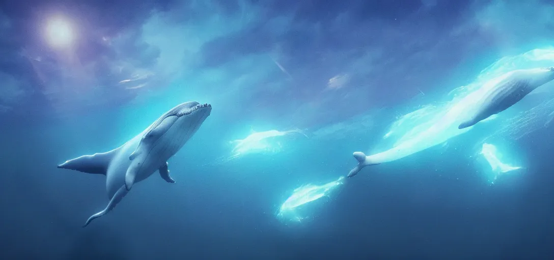 Prompt: a whale flying above the sea, glowing fish underneath the sea, cosmic sky, concept art, trending on artstation, soft lightning