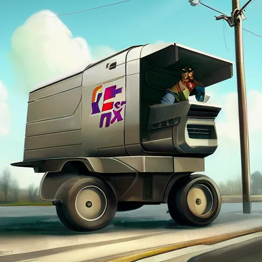 Prompt: retro futuristic fedex delivery truck, artstation, cgsociety concept art