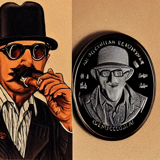 Prompt: A photograph of an unwrapped chocolate coin that is engraved with a portrait of a young leon redbone smoking a cigar and wearing a greek fisherman cap, highly detailed, close-up product photo, depth of field, sharp focus, soft lighting