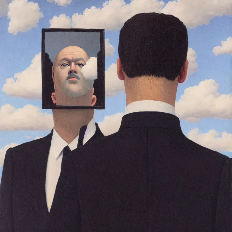 Prompt: portrait of a faceless mirror - head man in a suit, clouds in the background, by rene magritte, detailed painting, distance, middle centered, hd, hq, high resolution, high detail, 4 k, 8 k