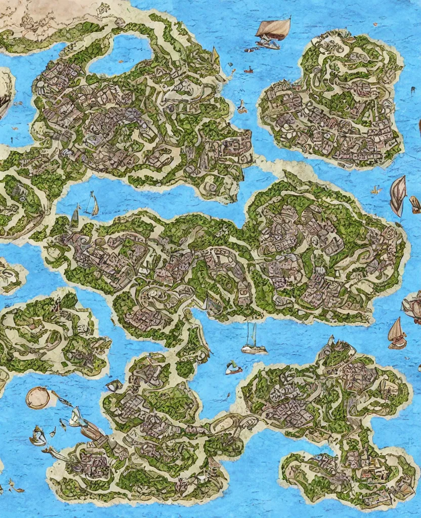 Image similar to dnd shoreline port town and docks with islands, hand painted and drawn map
