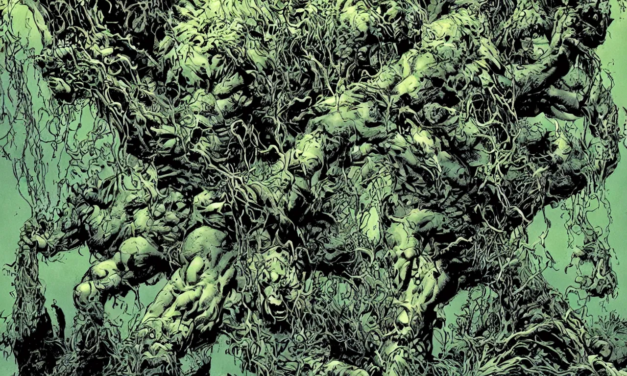 Image similar to swamp thing in a dynamic action pose, forward angle, dramatic night lighting, by bernie wrightston, mike mignola and bill sienkiewicz, monstrous faces blended in the background scenery, canopy of drippy trees