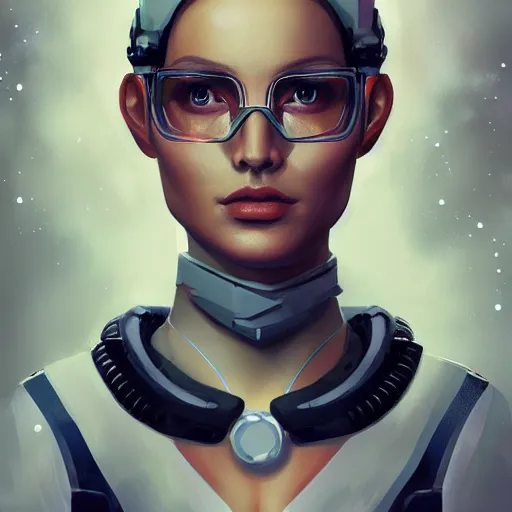 Image similar to concept art of scifi scientist by jama jurabaev, brush stroke, with accesories, trending on artstation, upper half portrait, symmetry, headpiecehigh quality, extremely detailed