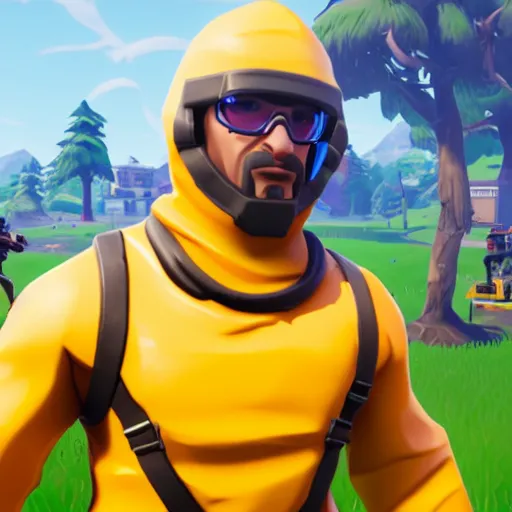 Image similar to screenshot of me playing fortnite using as walter white in his yellow hazmat suit, 3 d avatar, third person view, fortnite