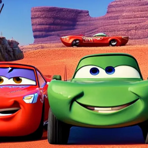 Image similar to cars movie with the face of David Copperfield, pixar