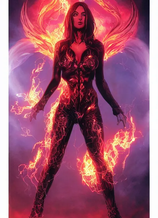 Prompt: a whole body portrait of Sara Pezzini as Witchblade, surrounded by flames and magic lightnings overlays, as illustrated in Top Cow Comics, D&D style, sharp focus, by Greg Rutkowski and Dan Mumford.