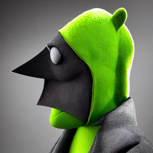 Prompt: photorealistic photo portrait of Kermit as Batman, Muppet, 8k, hyperrealism, hyperrealistic, unreal engine render, highly detailed, ultra-realistic, octane render