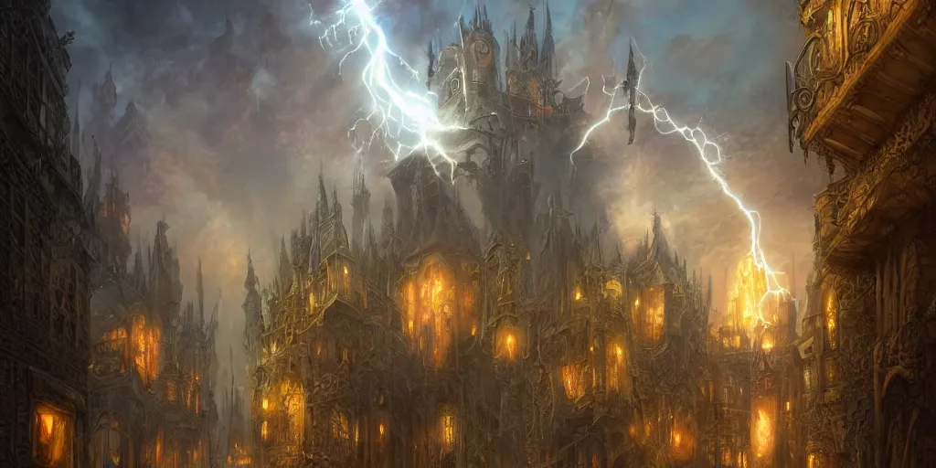 Prompt: a view from the otherworldly gothic streets of the planescape city of sigil, tony diterlizzi and brom's beautiful painting, digital art, volumetric lightning, intricate details, by art germ, by greg rutkowski, vibrant colors, amazing fantasy art, clear sharp image, dehazed image