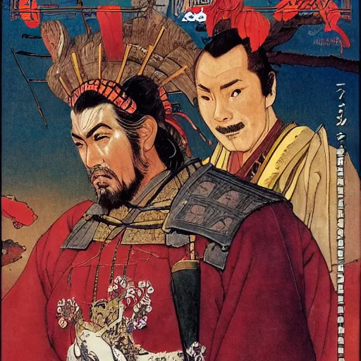 Prompt: Portrait of Yojimbo the Desert Samurai wearing a Red Agate Crest norman rockwell uta natsume mark riddick naoko takeuchi shotaro ishinomori katsuhiro otomo steve ellis tony szczudlo Ryan Gitter Ilya Repin