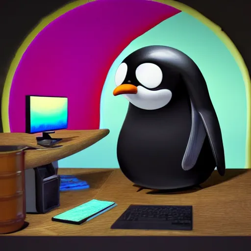 Image similar to pingu sitting behind a computer, 3 d render, painted by mark ryden, art, epic lighting