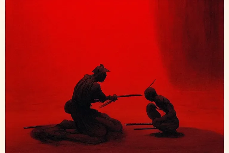 Image similar to only with red, a red samurai do seppuku, tokio, a lot of frogs watch, in the style of beksinski, parts by edward hopper, parts by rodcenko, parts by yue minjun, intricate and epic composition, red by caravaggio, insanely quality, highly detailed, masterpiece, red light, artstation, 4 k