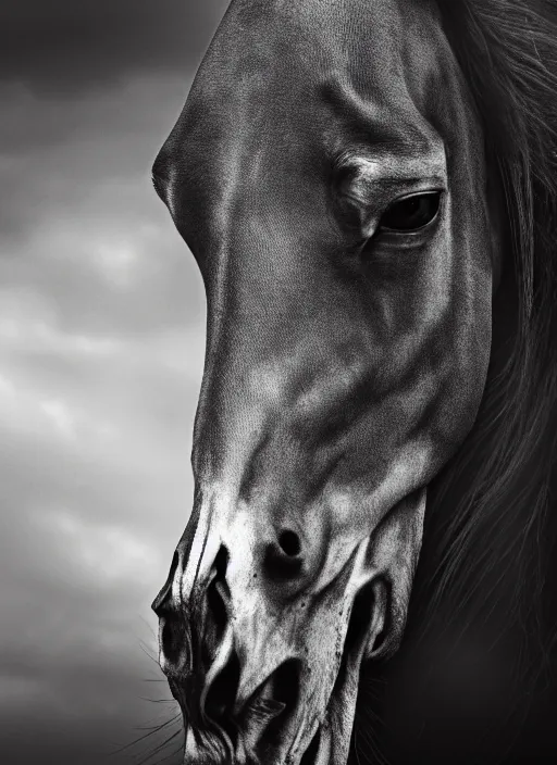 Image similar to skeleton of a horse in a dark veil, dark and mysterious, stopped in time, atmospheric, ominous, eerie, cinematic, epic, 8 k, 4 k, ultra detail, ultra realistic