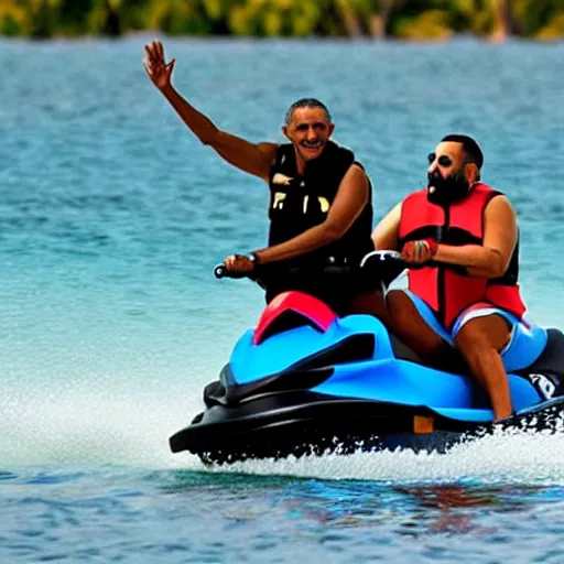 Image similar to Obama and DJ Khaled riding a jet ski, by Van Gogh