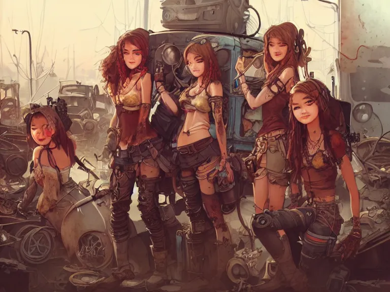 Image similar to group of 4 scavenger girls in a junkyard, steampunk, gritty, dirty, rusty, high fantasy, detailed faces, sharp focus, high detail, smooth, digital illustration, by rossdraws, artstation