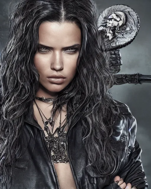 Prompt: Adriana Lima in sons of anarchy tv show, wearing jacket, D&D style , highly detailed, digital art, trending on artstation, smooth, sharp focus, illustration, art by artgem and ROBERT HYNES