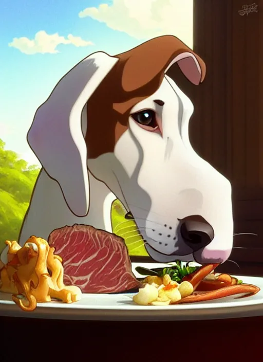 Image similar to cute white brown greyhound eating juicy steak, natural lighting, path traced, highly detailed, high quality, digital painting, by don bluth and ross tran and studio ghibli and alphonse mucha, artgerm