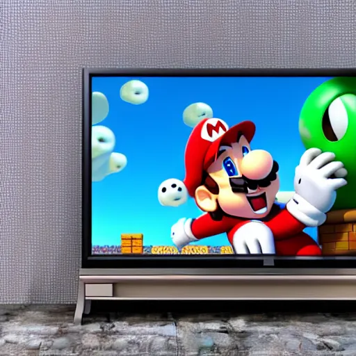 Prompt: super mario climbing out of a television screen