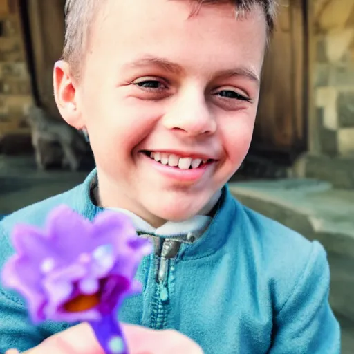 Prompt: the little prince of saint exupery smiling with a purple flower on his hand made of clay